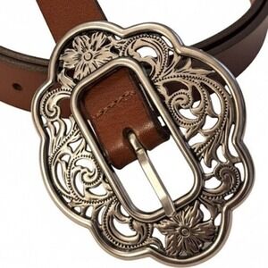American Eagle Outfitters Brown Leather Thin Fashion Belt w Large Buckle Sz M‎